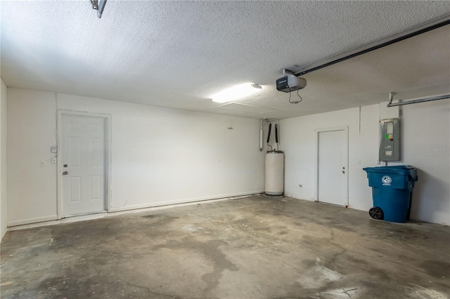 garage with electric panel, a garage door opener, and water heater