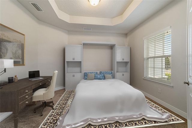 carpeted bedroom featuring a tray ceiling and a textured ceiling