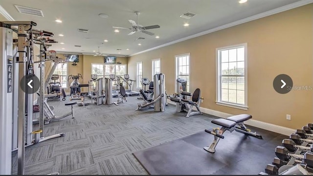 gym with ceiling fan and crown molding