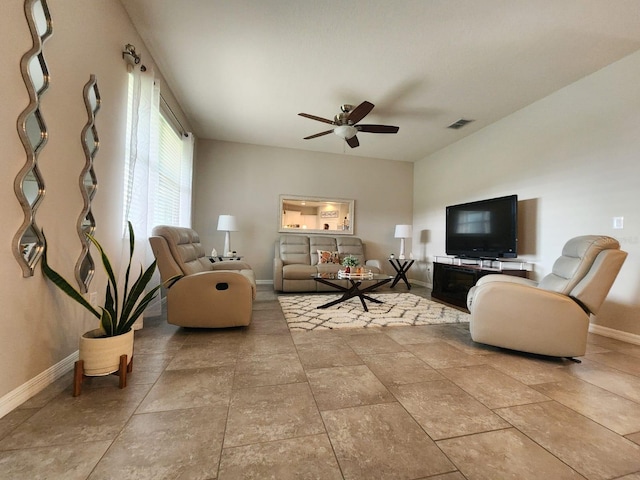 living room with ceiling fan