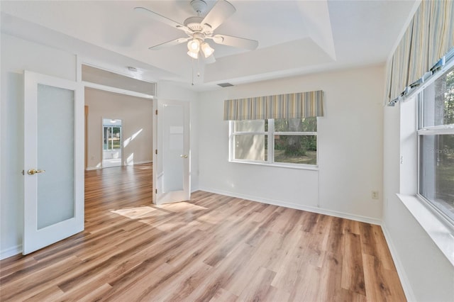 empty room featuring hardwood / wood-style floors, a tray ceiling, and plenty of natural light