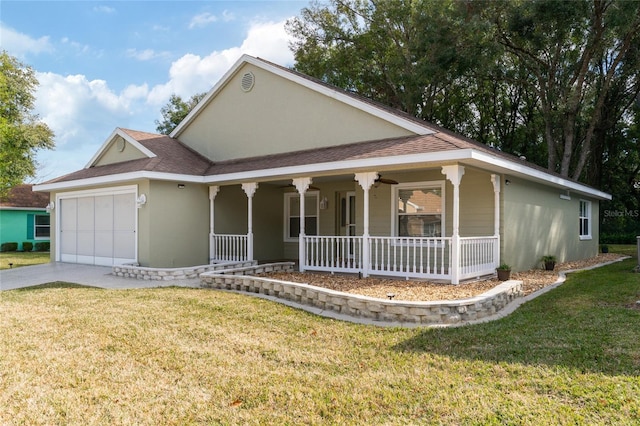 farmhouse featuring a garage, a front yard, and covered porch