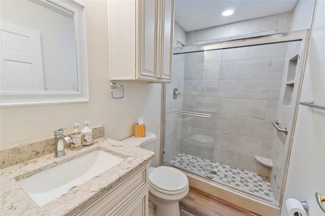 bathroom with vanity, walk in shower, and toilet