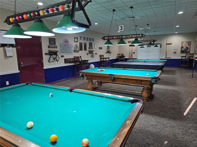 recreation room with a paneled ceiling and billiards