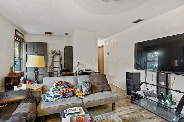 living room with a textured ceiling and light hardwood / wood-style flooring