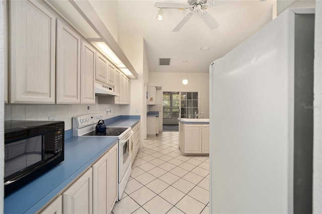 kitchen with decorative backsplash, premium range hood, ceiling fan, electric stove, and light tile patterned floors