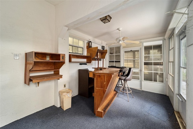 interior space with ceiling fan and carpet floors