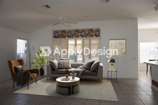 tiled living room with vaulted ceiling and ceiling fan