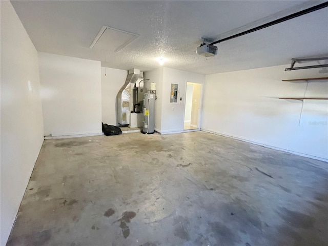 garage with electric panel, water heater, and a garage door opener