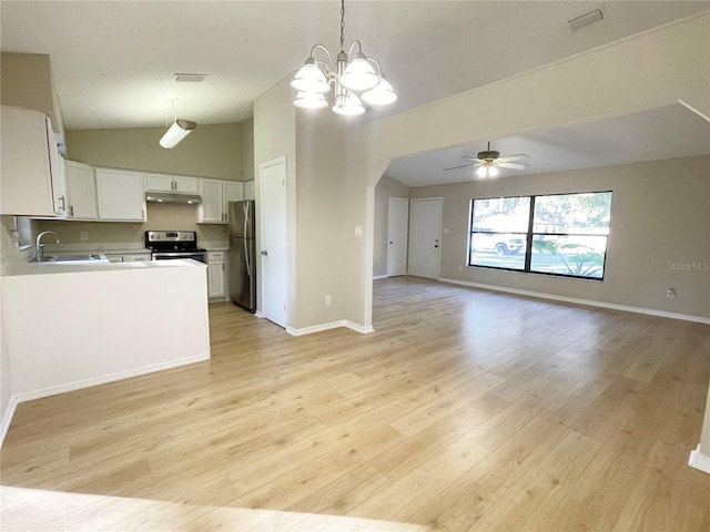 kitchen with white cabinetry, sink, light hardwood / wood-style flooring, pendant lighting, and appliances with stainless steel finishes