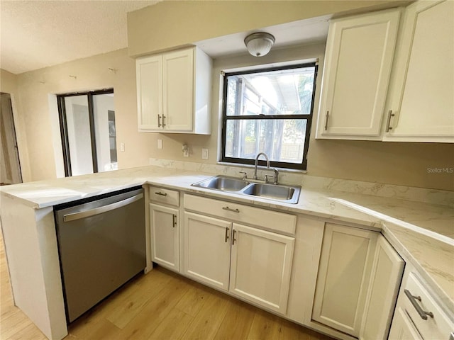 kitchen with stainless steel dishwasher, white cabinetry, kitchen peninsula, and sink