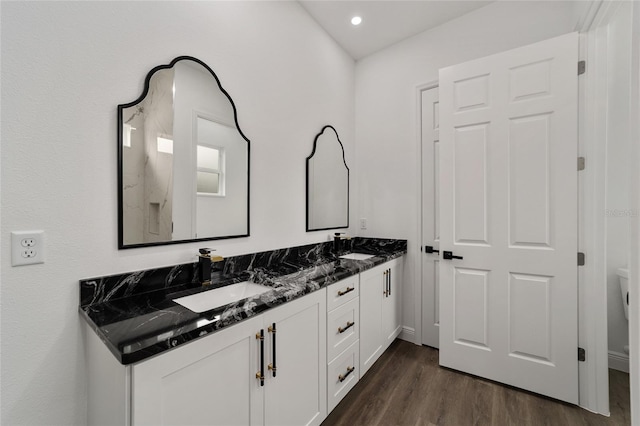 bathroom featuring vanity and wood-type flooring