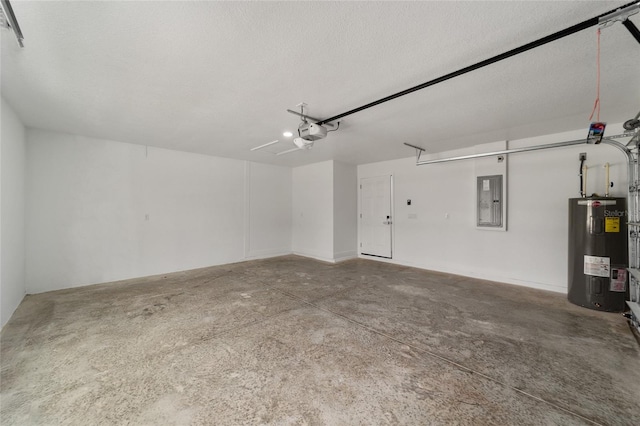 garage with electric panel, electric water heater, and a garage door opener