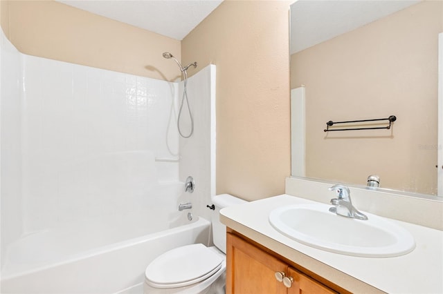 full bathroom featuring a textured ceiling, vanity, toilet, and tub / shower combination