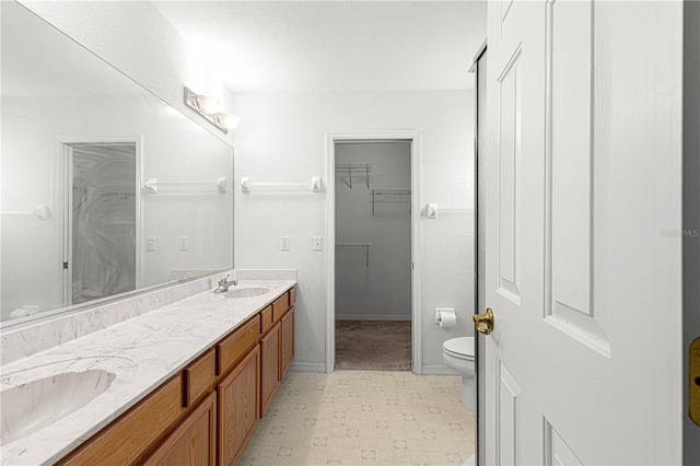 bathroom with vanity, a textured ceiling, and toilet