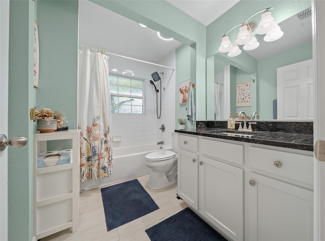 full bathroom with tile patterned floors, vanity, toilet, and shower / tub combo with curtain