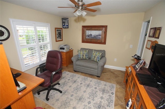 tiled office with ceiling fan