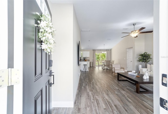 foyer entrance featuring ceiling fan, lofted ceiling, and hardwood / wood-style flooring