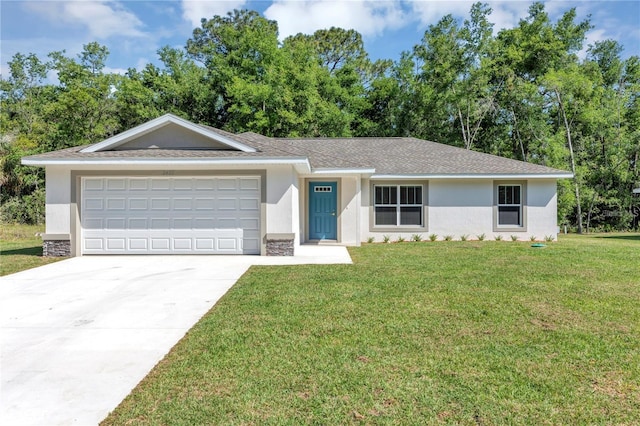 single story home featuring stucco siding, a shingled roof, concrete driveway, a front yard, and a garage