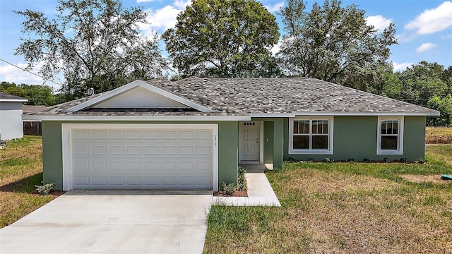 single story home with a front lawn, stucco siding, driveway, and an attached garage