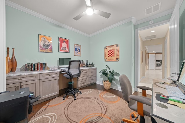 9146 SW 65th Loop, Ocala, FL 34481 - home office with dark wood finished floors, ceiling fan, crown molding, and baseboards