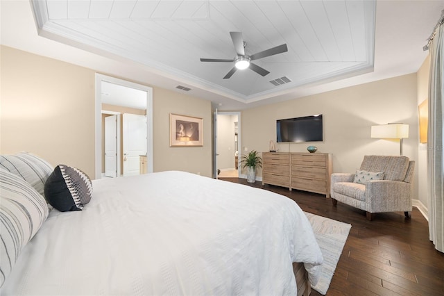 bedroom featuring ensuite bathroom, ceiling fan, dark hardwood / wood-style floors, a tray ceiling, and wood ceiling