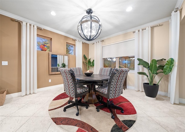 tiled dining area featuring ornamental molding and an inviting chandelier