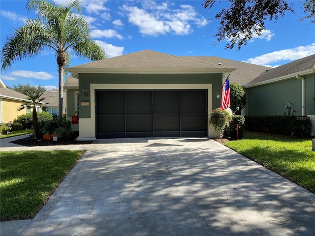 ranch-style house featuring a garage and a front lawn