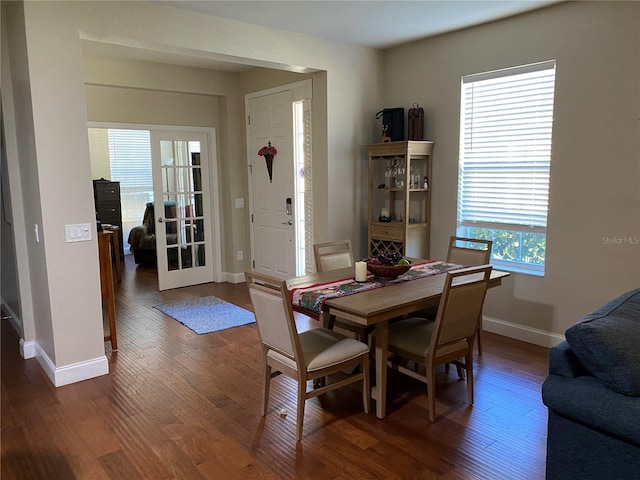 dining space with a wealth of natural light and dark hardwood / wood-style floors