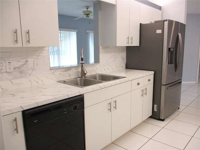 kitchen with sink, white cabinetry, light tile patterned floors, dishwasher, and ceiling fan