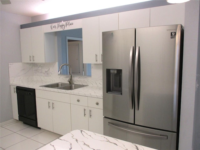 kitchen featuring dishwasher, sink, white cabinets, stainless steel fridge with ice dispenser, and light stone countertops