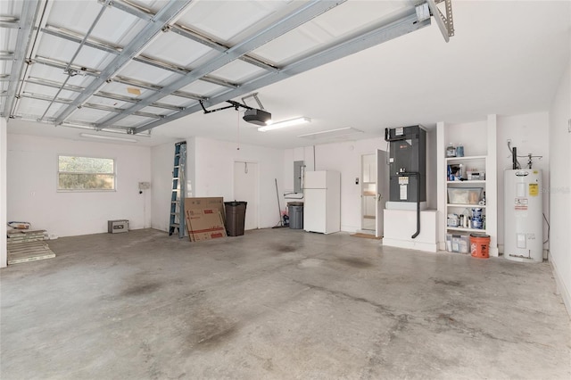 garage featuring electric water heater, electric panel, a garage door opener, white fridge, and heating unit