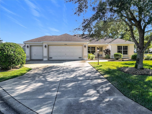 ranch-style home featuring a garage and a front lawn