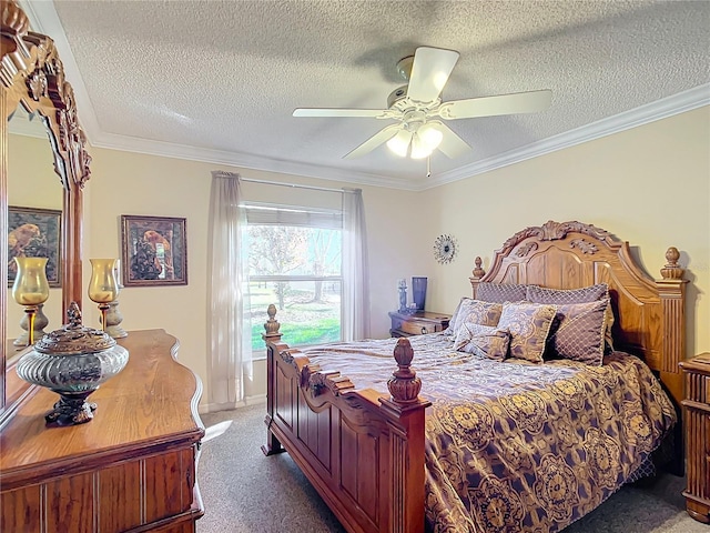 carpeted bedroom featuring a textured ceiling, ceiling fan, and crown molding