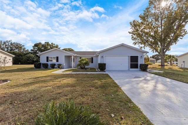 ranch-style house featuring a front yard and a garage