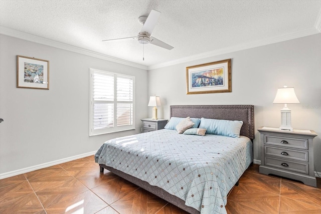 bedroom with ceiling fan, a textured ceiling, and ornamental molding