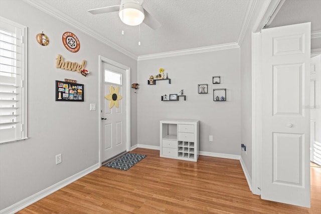 foyer entrance featuring a textured ceiling, light hardwood / wood-style flooring, and a healthy amount of sunlight