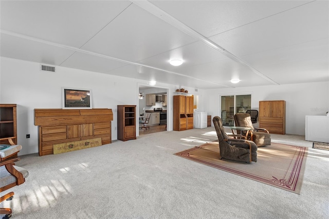 living room with carpet flooring and washer / dryer