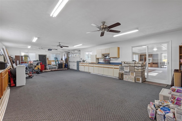 miscellaneous room with ceiling fan, a healthy amount of sunlight, and dark carpet