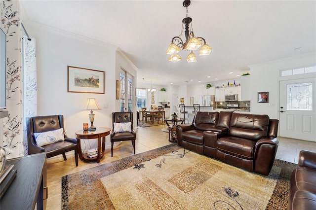 tiled living room with an inviting chandelier and crown molding