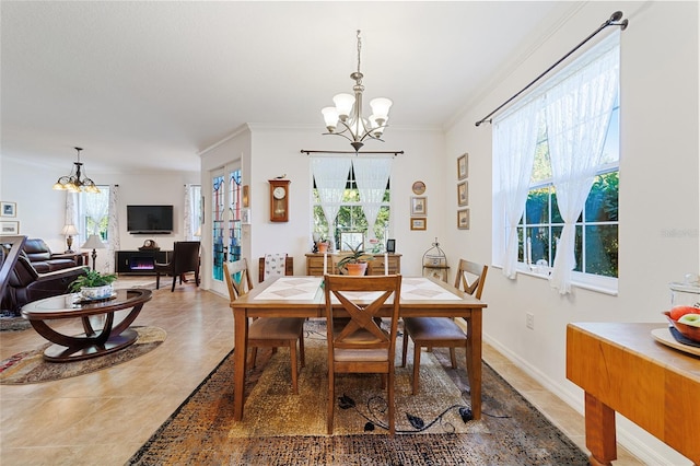 dining space featuring tile patterned flooring, ornamental molding, and a notable chandelier