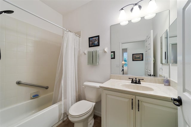 full bathroom with toilet, vanity, and shower / tub combo with curtain