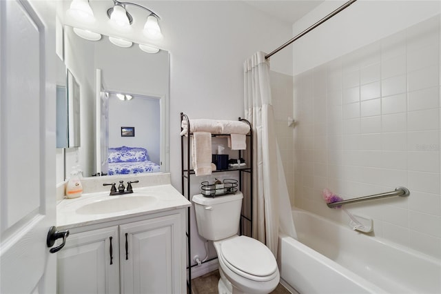 full bathroom featuring vanity, shower / bathtub combination with curtain, and toilet