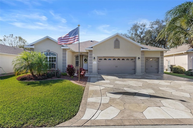 ranch-style home with a garage and a front yard