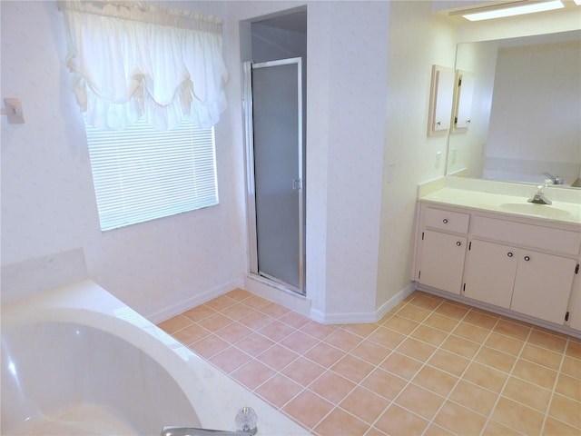 bathroom featuring vanity, tile patterned floors, and an enclosed shower