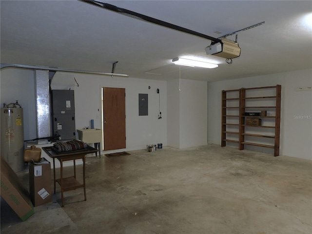 garage featuring electric panel, heating unit, a garage door opener, and sink