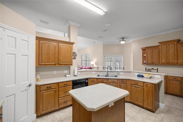 kitchen featuring a center island, sink, light tile patterned floors, black dishwasher, and kitchen peninsula