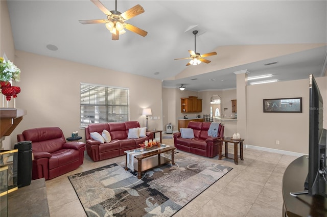 tiled living room with ceiling fan, lofted ceiling, and crown molding