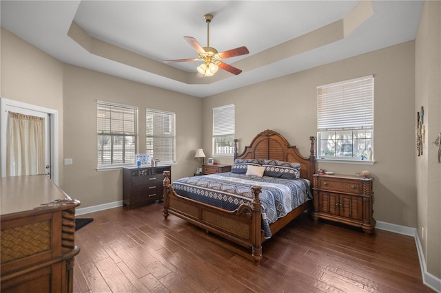 bedroom with multiple windows, a raised ceiling, ceiling fan, and dark wood-type flooring