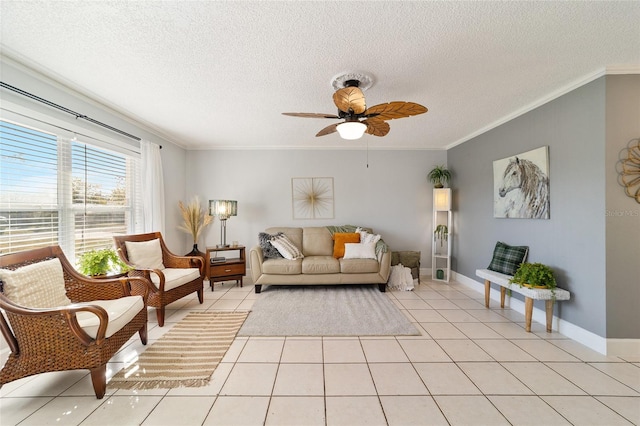 tiled living room featuring a textured ceiling, ceiling fan, and crown molding